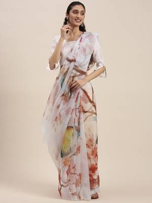 Women'S White&Orange Organza Printed Saree With Fancy Tassels In Pallu 1