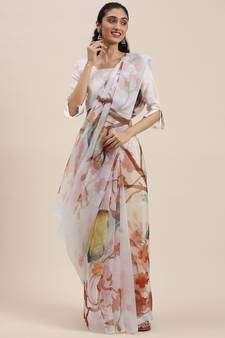 Women'S White&Orange Organza Printed Saree With Fancy Tassels In Pallu