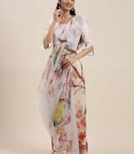 Women'S White&Orange Organza Printed Saree With Fancy Tassels In Pallu
