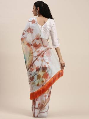 Women'S White&Orange Organza Printed Saree With Fancy Tassels In Pallu 2