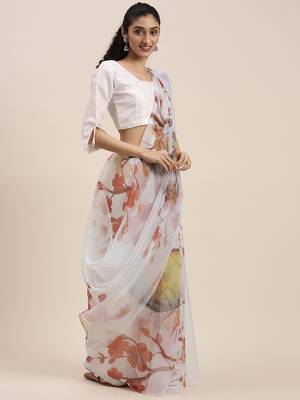 Women'S White&Orange Organza Printed Saree With Fancy Tassels In Pallu 3