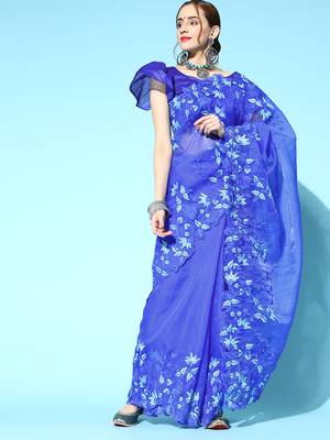 Kimisha Women's Royal Blue Organza Embroidered Saree With Art Silk Blouse Piece 1