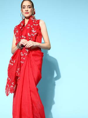 Kimisha Women's Red Organza Embroidered Saree With Art Silk Blouse Piece 1