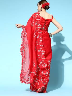 Kimisha Women's Red Organza Embroidered Saree With Art Silk Blouse Piece 2