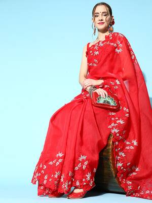 Kimisha Women's Red Organza Embroidered Saree With Art Silk Blouse Piece 3