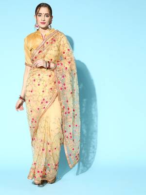 Women'S Beige Net Embroidered Saree With silk blend Blouse Piece 1