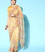 Women'S Beige Net Embroidered Saree With Art Silk Blouse Piece