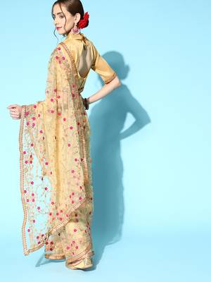 Women'S Beige Net Embroidered Saree With silk blend Blouse Piece 2