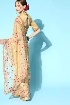 Women'S Beige Net Embroidered Saree With silk blend Blouse Piece