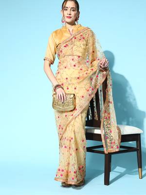 Women'S Beige Net Embroidered Saree With silk blend Blouse Piece 3