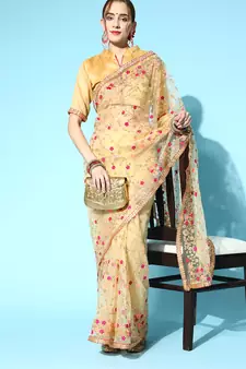 Women'S Beige Net Embroidered Saree With silk blend Blouse Piece