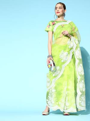 Women'S Neon Organza Embroidered Saree With Art Silk Blouse Piece 1