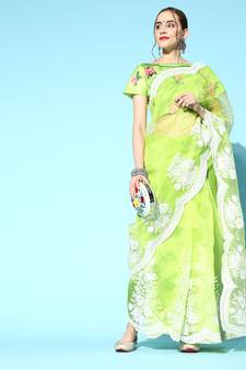 Women'S Neon Organza Embroidered Saree With Art Silk Blouse Piece