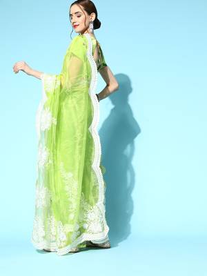 Women'S Neon Organza Embroidered Saree With Art Silk Blouse Piece 2