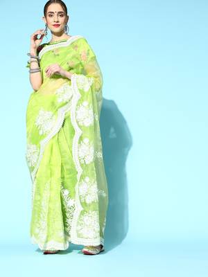 Women'S Neon Organza Embroidered Saree With Art Silk Blouse Piece 4