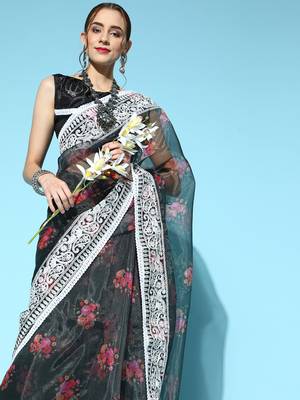Women'S Black Organza Embroidered Saree With Art Silk Blouse Piece 1