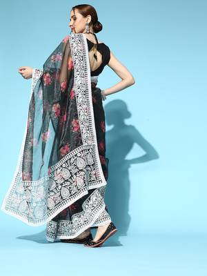 Women'S Black Organza Embroidered Saree With Art Silk Blouse Piece 2