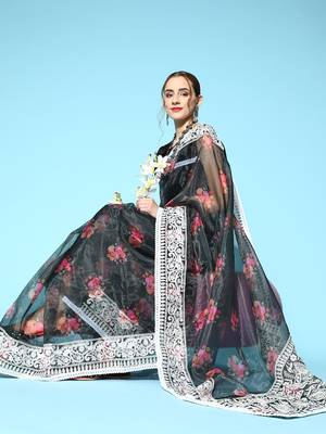 Women'S Black Organza Embroidered Saree With Art Silk Blouse Piece 3