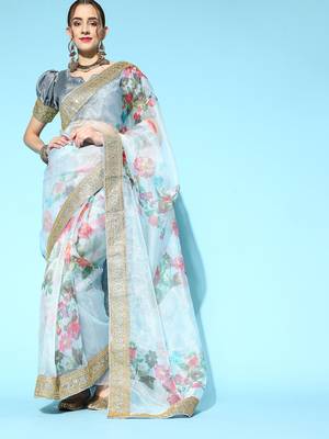Kimisha Women's Light Grey Organza Embroidered Saree With Art Silk Blouse Piece 1