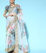 Kimisha Women's Light Grey Organza Embroidered Saree With Art Silk Blouse Piece