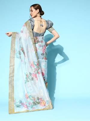 Kimisha Women's Light Grey Organza Embroidered Saree With Art Silk Blouse Piece 2