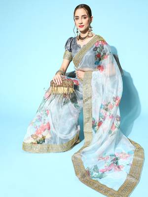 Kimisha Women's Light Grey Organza Embroidered Saree With Art Silk Blouse Piece 3