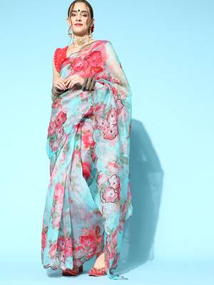 Kimisha Women's Sky Blue Organza Sequence Work Saree With Art Silk Blouse Piece 1