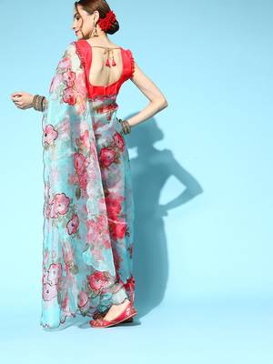 Kimisha Women's Sky Blue Organza Sequence Work Saree With Art Silk Blouse Piece 2