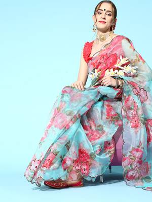Kimisha Women's Sky Blue Organza Sequence Work Saree With Art Silk Blouse Piece 3