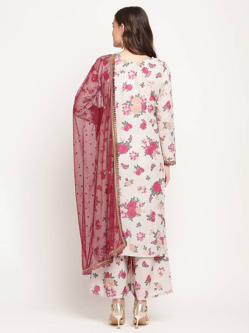 Ahalyaa Women Beige Floral Printed Regular Gotta Patti Kurta with Palazzos & With Dupatta