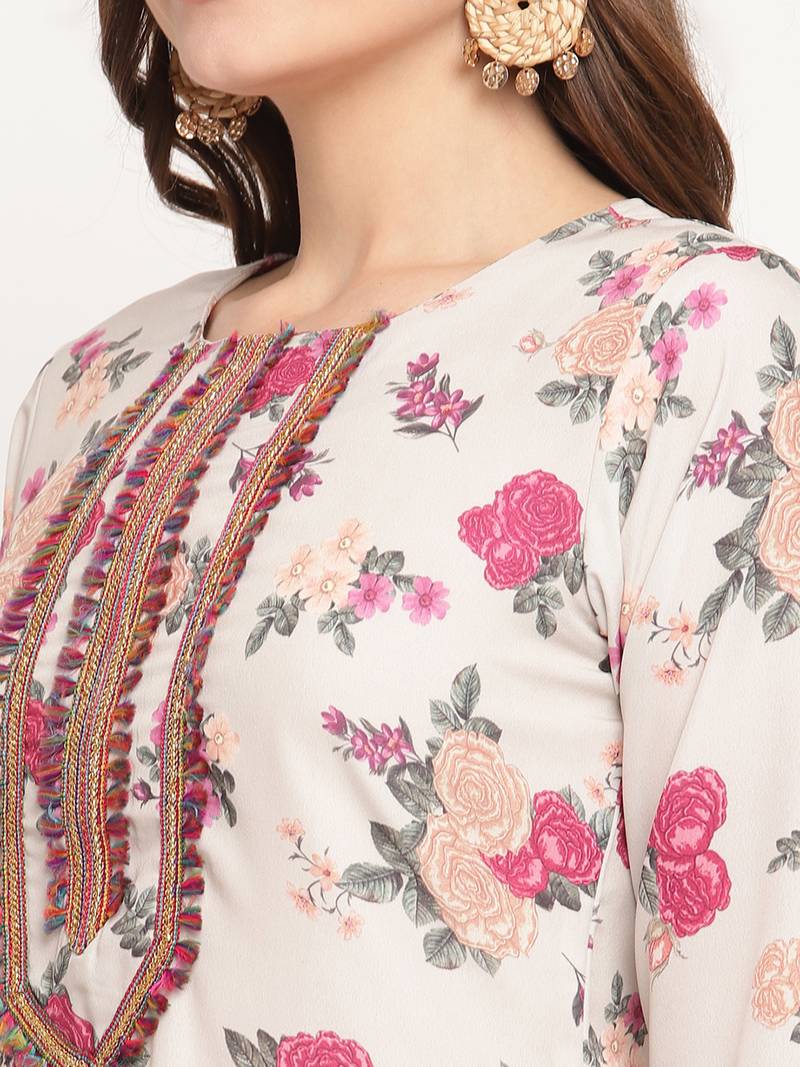 Ahalyaa Women Beige Floral Printed Regular Gotta Patti Kurta with Palazzos & With Dupatta