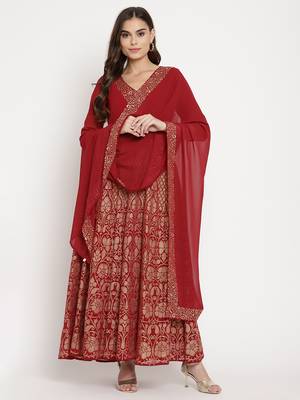 Ahalyaa Women Maroon Ethnic Motifs Printed Georgette Anarkali Kurta With Dupatta 1