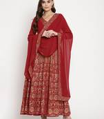 Ahalyaa Women Maroon Ethnic Motifs Printed Georgette Anarkali Kurta With Dupatta