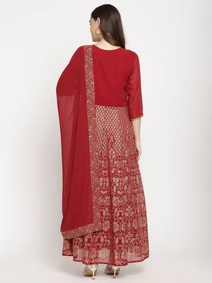 Ahalyaa Women Maroon Ethnic Motifs Printed Georgette Anarkali Kurta With Dupatta 2
