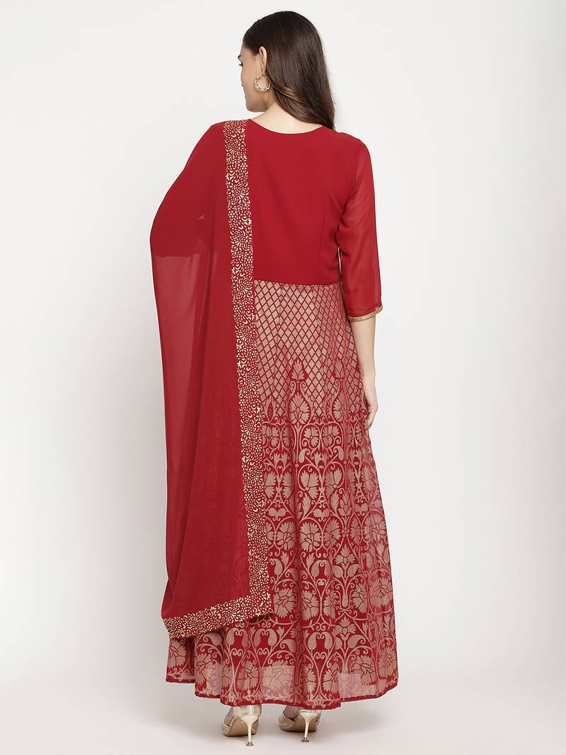 Ahalyaa Women Maroon Ethnic Motifs Printed Georgette Anarkali Kurta With Dupatta