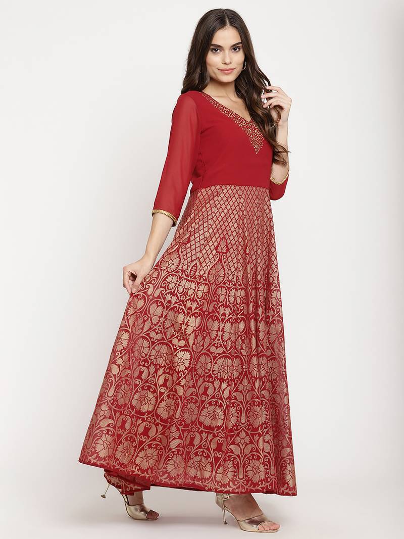 Ahalyaa Women Maroon Ethnic Motifs Printed Georgette Anarkali Kurta With Dupatta