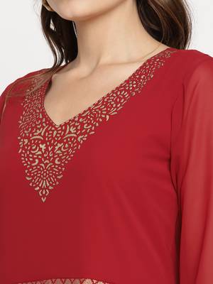 Ahalyaa Women Maroon Ethnic Motifs Printed Georgette Anarkali Kurta With Dupatta 4