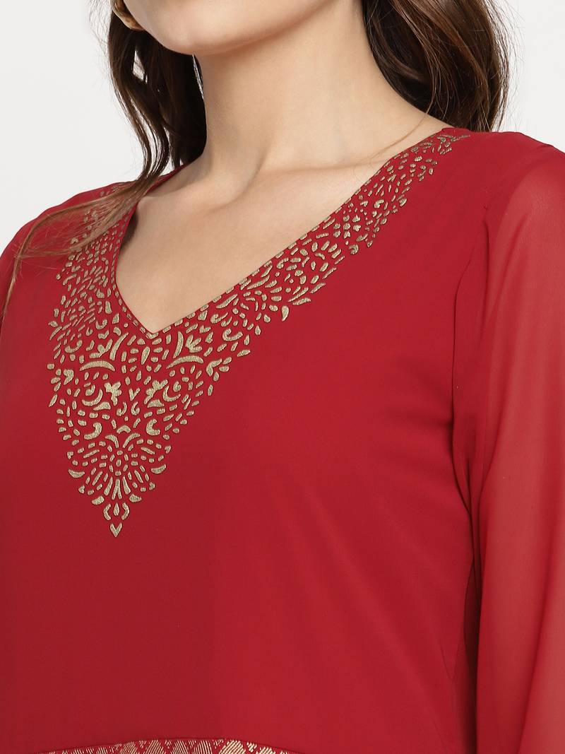 Ahalyaa Women Maroon Ethnic Motifs Printed Georgette Anarkali Kurta With Dupatta