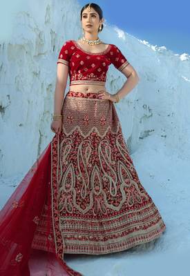 Maroon Multi Thread work and Dori Embroidered Velvet Semi Stitched wedding Lehenga 1