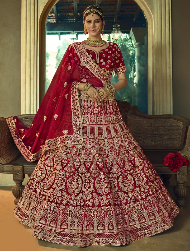 Maroon Heavy embroidery with Hand Worked Pure velvet semi stitched lehenga