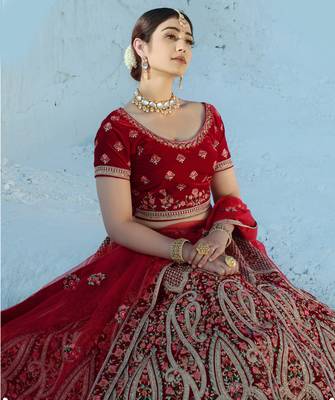 Maroon Multi Thread work and Dori Embroidered Velvet Semi Stitched wedding Lehenga 2