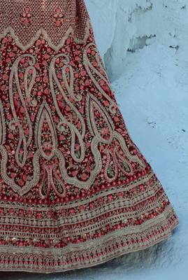 Maroon Multi Thread work and Dori Embroidered Velvet Semi Stitched wedding Lehenga 3