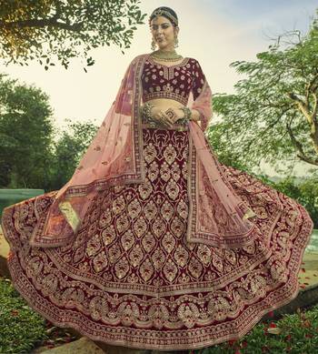 Maroon Heavy embroidery with Hand Worked Pure velvet Semi Stitched Lehenga 1