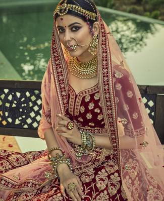 Maroon Heavy embroidery with Hand Worked Pure velvet Semi Stitched Lehenga 2