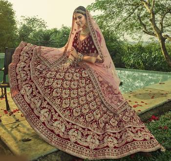 Maroon Heavy embroidery with Hand Worked Pure velvet Semi Stitched Lehenga 3