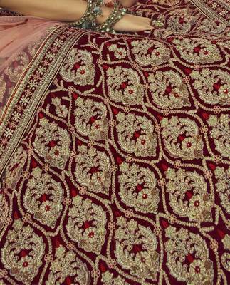 Maroon Heavy embroidery with Hand Worked Pure velvet Semi Stitched Lehenga 4
