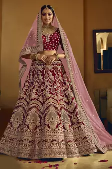 Maroon Heavy embroidery with Hand Worked Pure velvet semi stitched lehenga