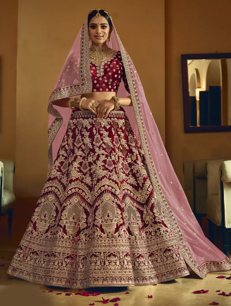 Maroon Heavy embroidery with Hand Worked Pure velvet semi stitched lehenga