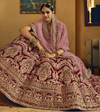 Maroon Hand work and Heavy Embroidered velvet Semi Stitched Bridal Lehenga 2
