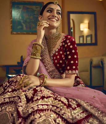 Maroon Hand work and Heavy Embroidered velvet Semi Stitched Bridal Lehenga 3